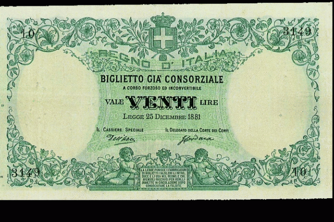 BIGLIETTO CONSORZIALE da 20 lire del 25 dicembre 1881